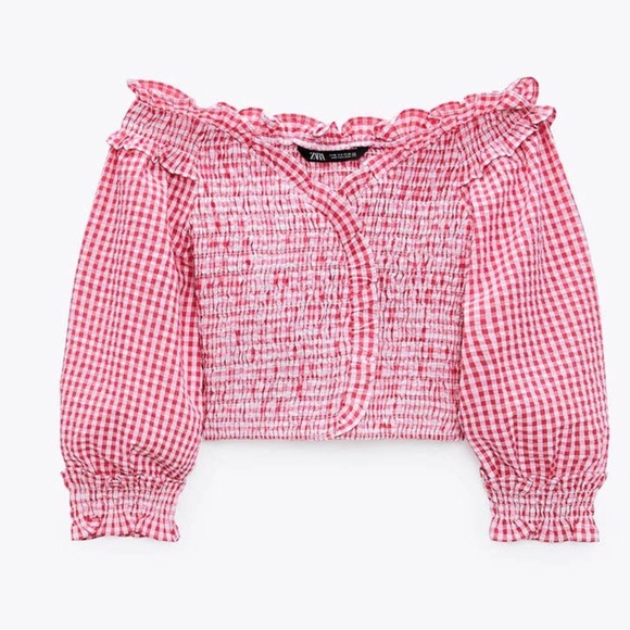 ZARA red/white stretch gingham smocked top size small - Picture 5 of 11